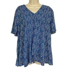 Chicos Top 3 Blue Boho Tile Print Flowy Draped Panel Front Lightweight 16 18 XL